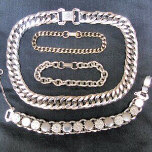 BIKER STAINLESS NECKLACE, 3 METAL BRACELETS, VINTAGE, CHUNKY CHOKER